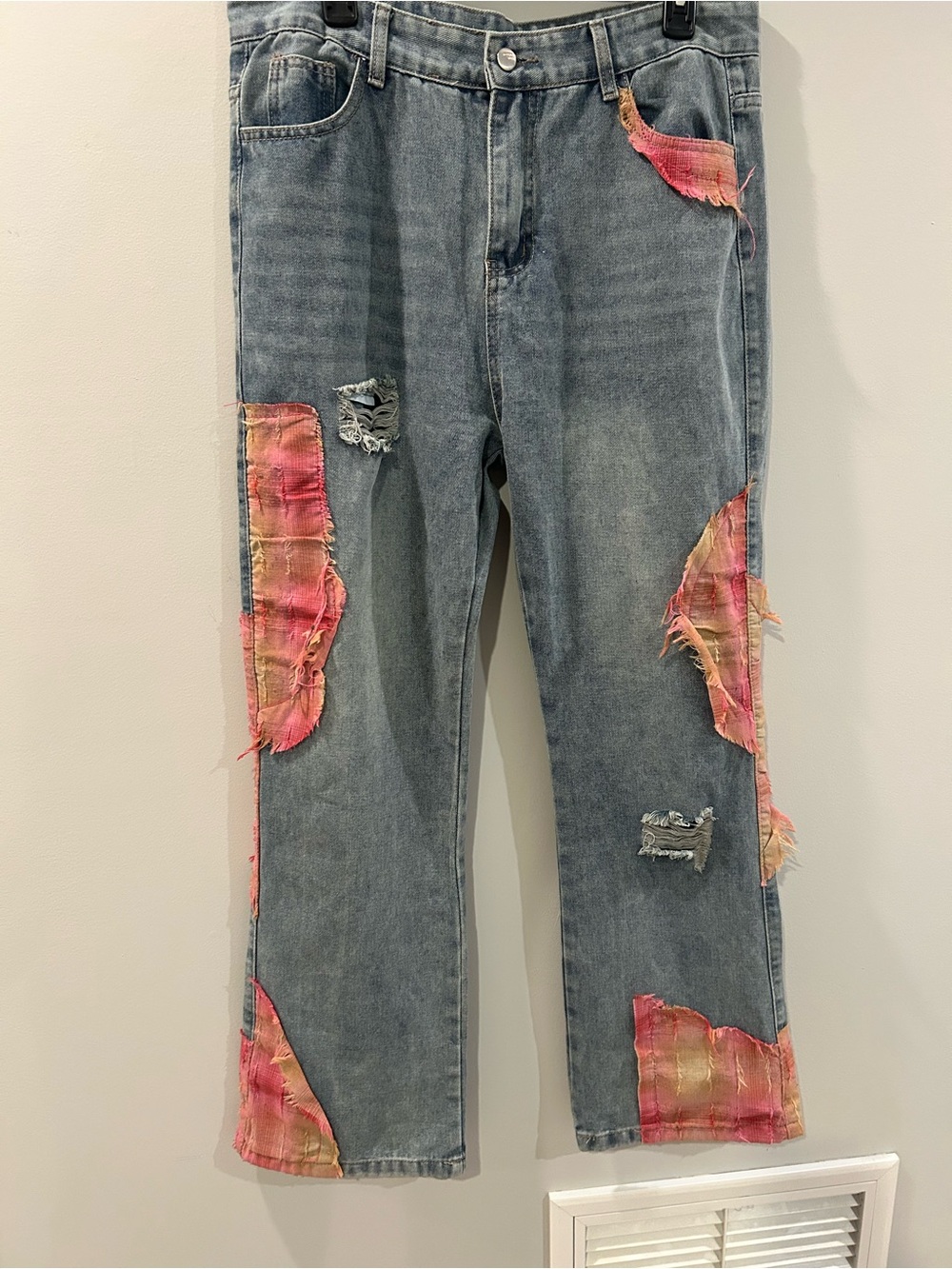 Straight Leg Women's Denim Jeans with Pink Patch Accents